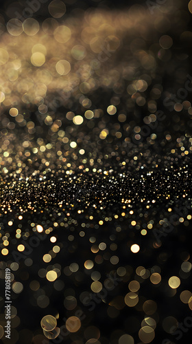 Liquid gold glitter sparkles on dark asphalt, resembling dew on grass