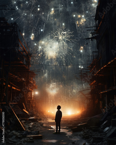 A Firework illuminates the sky of a Dystopian world its brief but brilliant light challenging the despair
