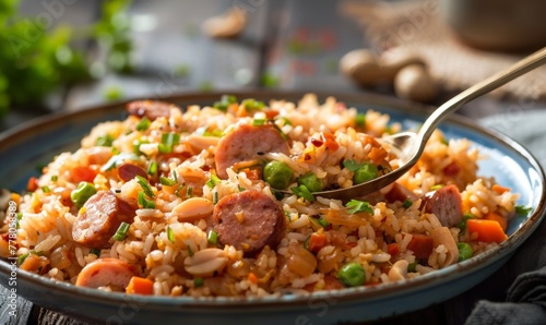 gourmet fried rice in a rustic blue plate