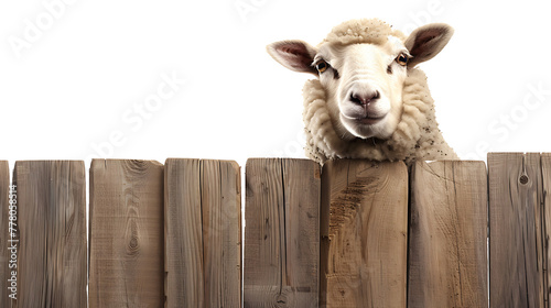 A happy sheep with soft, woolly fleece, peeking out from behind a wooden fence with a playful smile on its face photo