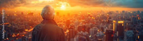Elderly, futuristic attire, wise and serene, observing bustling future cityscape transformed by longevity, Golden Hour photo