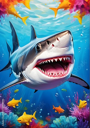 smiley face shark with expression with a vibrant color splash in the style of oil painting 