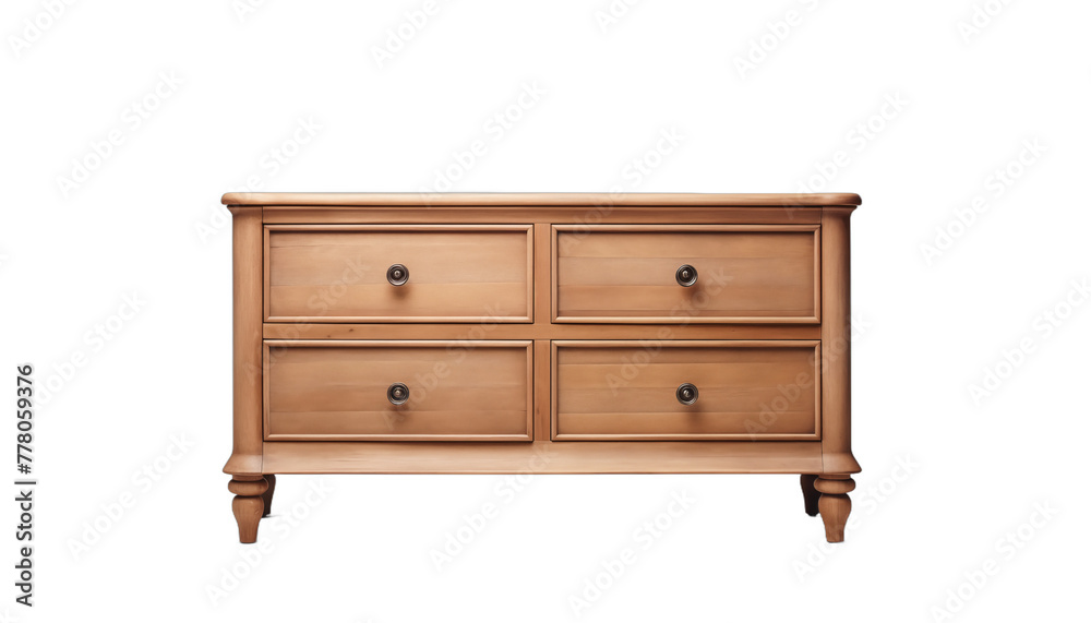 Elegant wooden chest of drawers with four drawers and brown handles on a white background Elegant wooden chest of drawers with four drawers and brown handles on a white background