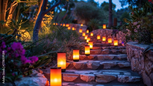 Lit Candle on Stone Walkway