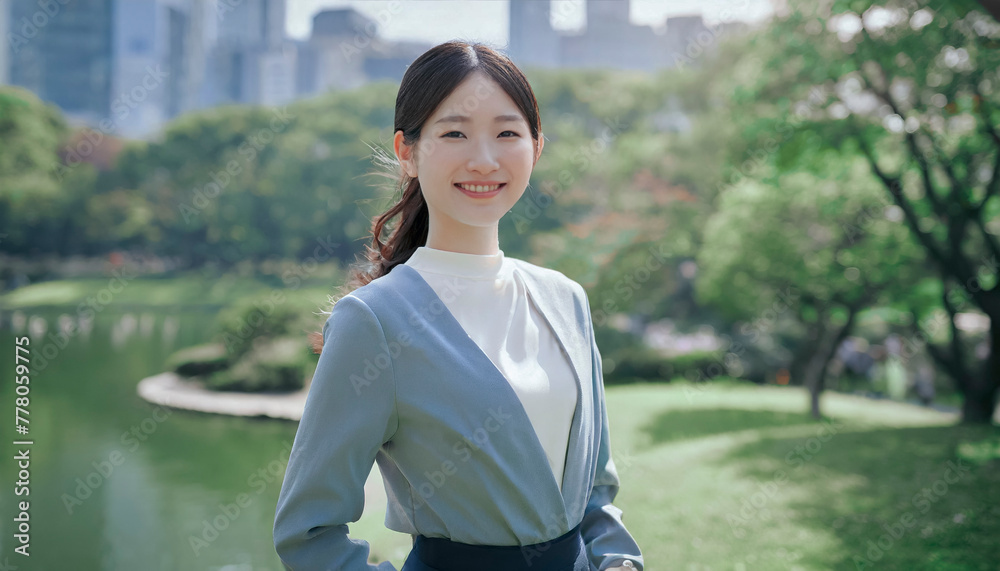 朝のオフィス・オフィス街の公園笑顔の日本人女性会社員ポートレート ビジネス・仕事・新入社員・若者 朝のオフィス・オフィス街の公園笑顔の日本人女性会社員ポートレート ビジネス・仕事・新入社員・若者