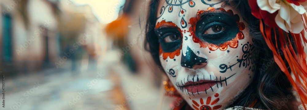 Mexican woman celebrating Day of The Death by painting horrifying skull theme on face