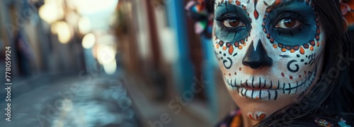 Mexican woman celebrating Day of The Death by painting horrifying skull theme on face © MEHDI