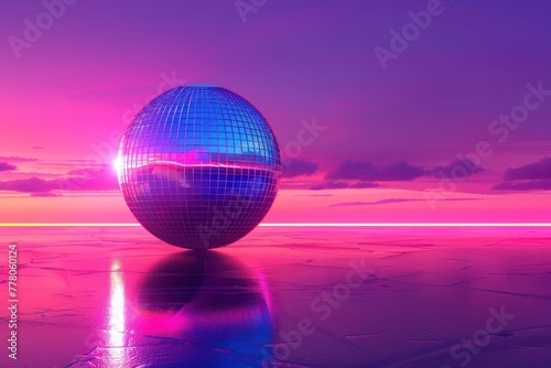 disco ball with light of neon on a purple background