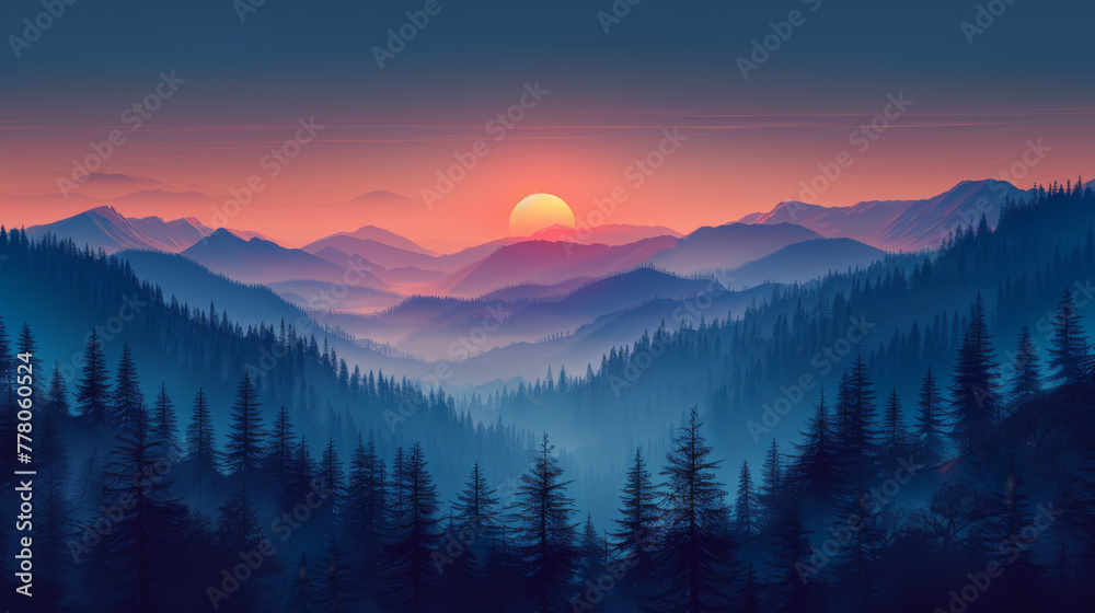 Vector illustration of beautiful dark blue mountain landscape with fog and forest. sunrise and sunset in mountains.