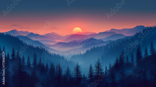 Vector illustration of beautiful dark blue mountain landscape with fog and forest. sunrise and sunset in mountains. #778060524