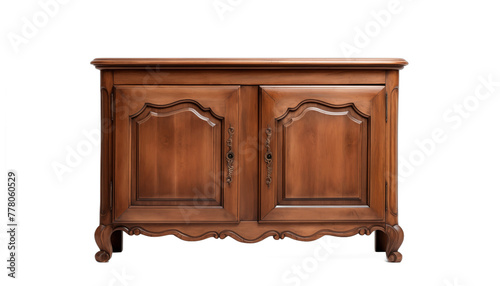 Elegant antique wooden commode with two doors and curved legs isolated on white background