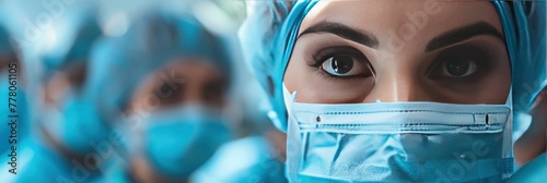 closeup shot of female surgeon wearing blue surgical mask and apron during surgery with other nurses blured background