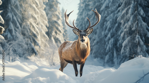 Mature deer in winter snow forest, winter. Noble deer male in winter snow forest. Artistic winter christmas landscape © Anthichada