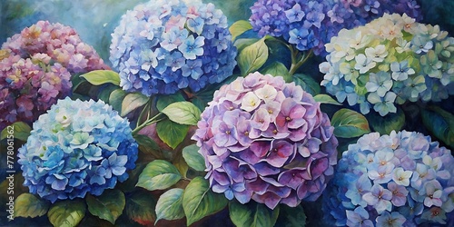 Beautiful Hydrangeas Flowers With Butterflies Painted With Oil Paint, Spring Background, Summer Flower Background, Spring Flower In Oil Paint. 