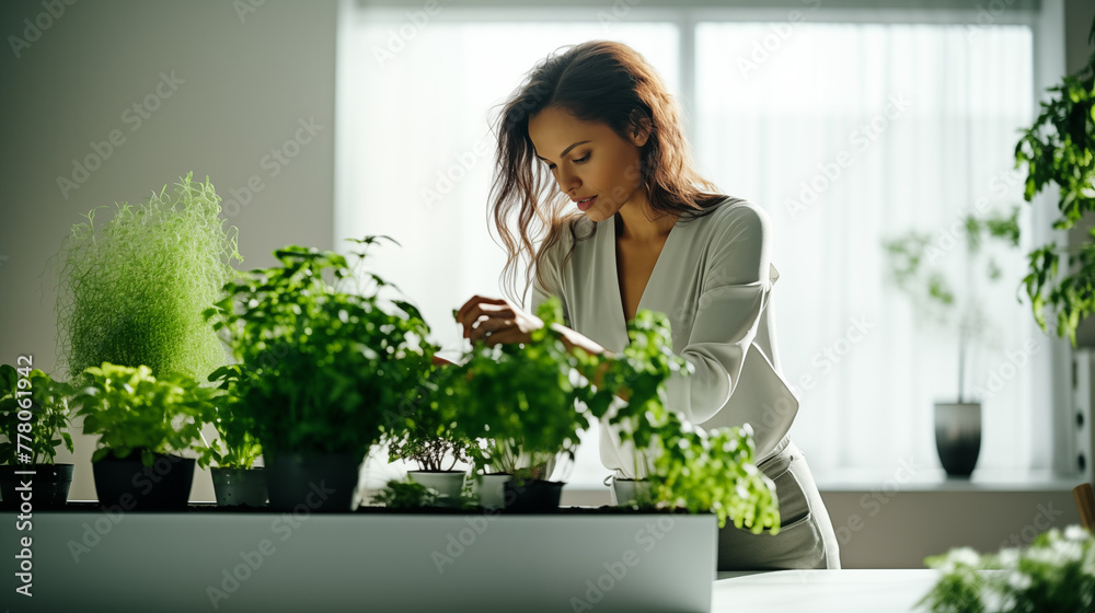 Beautiful mixed race woman gardening fresh herbs at home. Fresh herbs collected by young woman in a home garden Beautiful mixed race woman gardening fresh herbs at home. Fresh herbs collected by young woman in a home garden