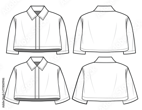 Women's Cropped Shirt Blouse top flat sketch fashion illustration drawing, Short sleeve shirt for girls and ladies template mock up, Oversize baggy shirt crop top blouse cad drawing