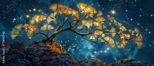 A large Ginkgo Biloba wall sconce with a background of stars at night
