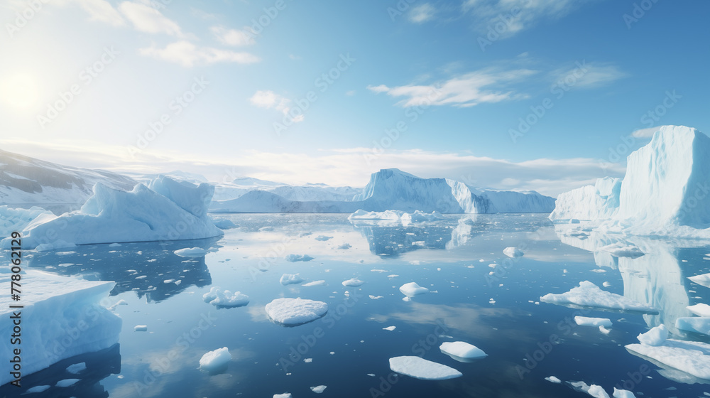 Obraz premium Melting of a iceberg and pouring water into the sea. Global warming Arctic nature landscape. Iceberg in Arctic Ocean with seascape with ice glaciers