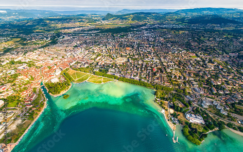 Annecy, France. Lake Annecy with surrounding mountains and villages. Panorama in summer. French Alps. Aerial view