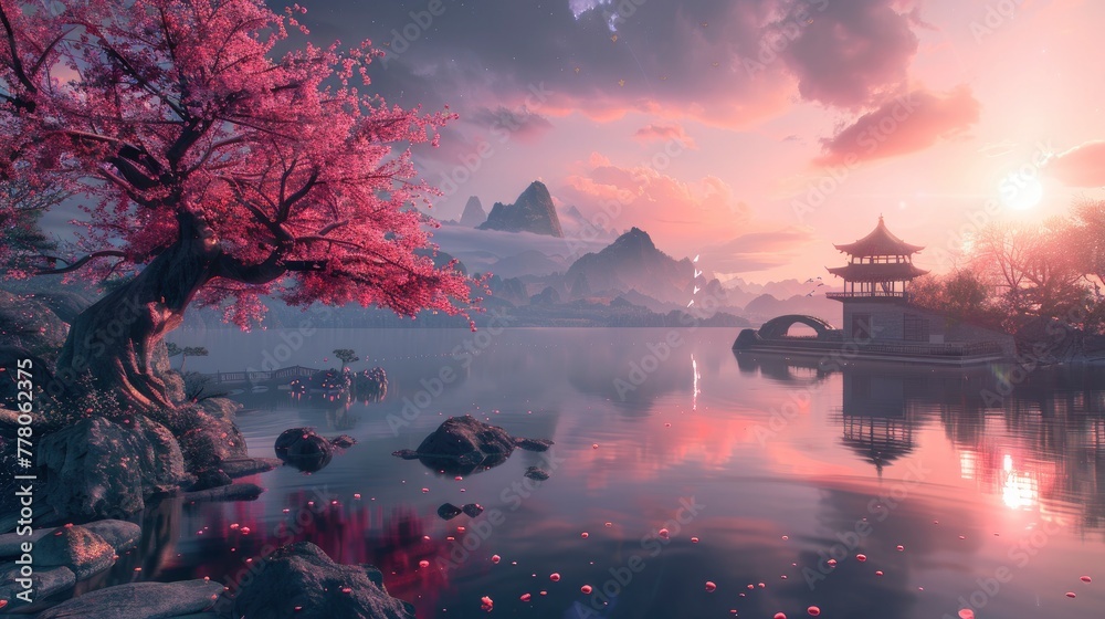 Chinese landscape design with peach tree, island, moon, flowing water, and winding pavilion