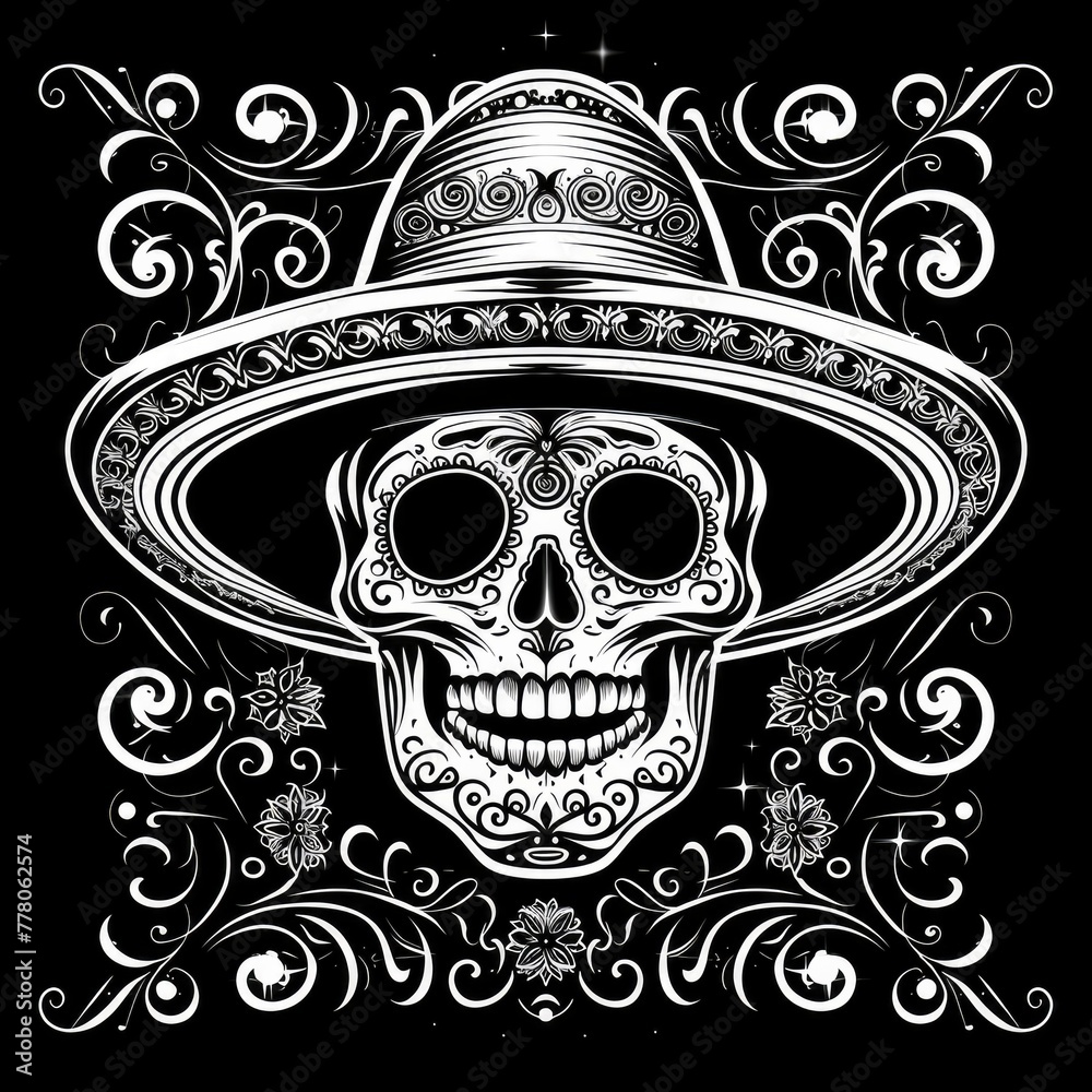 Mexican skull wearing a sombrero hat