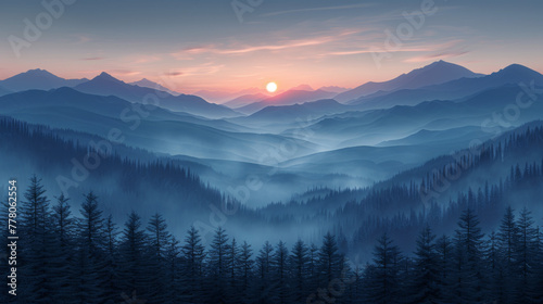 Vector illustration of beautiful dark blue mountain landscape with fog and forest. sunrise and sunset in mountains.