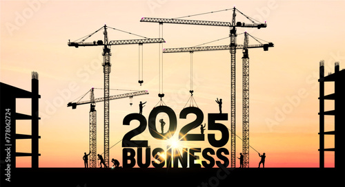 Business in the New Year 2025. Vector illustration business finance background. Large construction site crane building a business text idea concept. Black 2025 silhouette illustration design.
