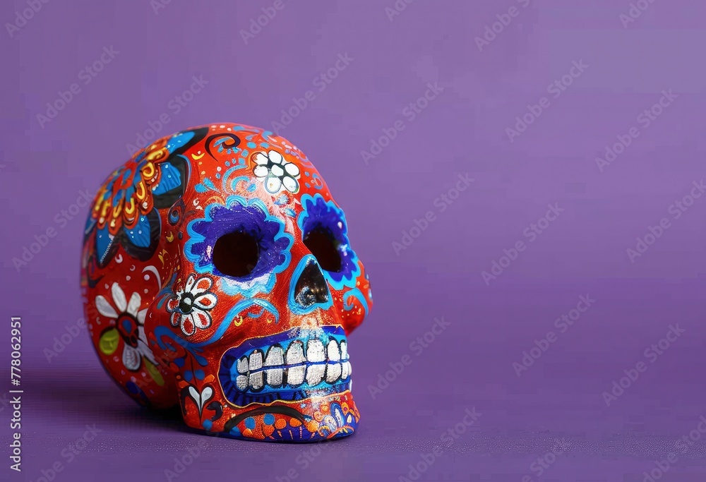 Mexican sugar skull image set against a purple background. Mexican sugar skull image set against a purple background.