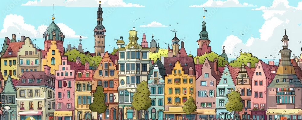 a colorful, whimsical drawing of a German cityscape a colorful, whimsical drawing of a German cityscape