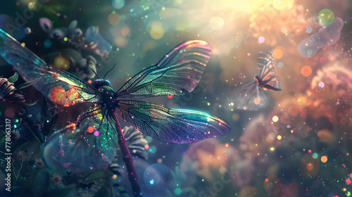 photo realistic in oracle card style holographic butterfly and dragonfly in cloud in holographic forest realistic colorful hi-res glitter using these colors photo
