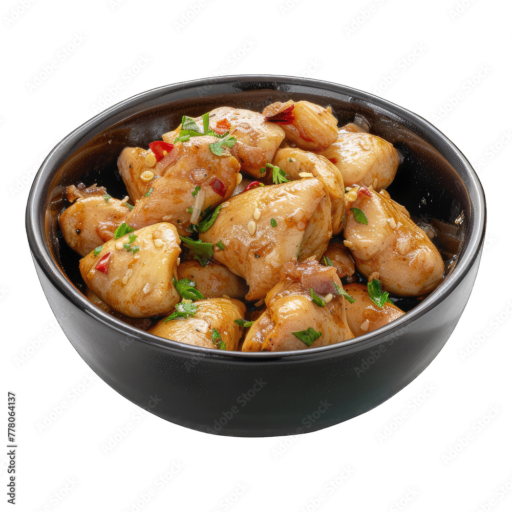 Grilled chicken in a black bowl isolated on transparent background Grilled chicken in a black bowl isolated on transparent background