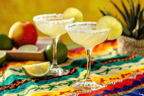 A vibrant Mexican blanket with two margaritas on a yellow background.