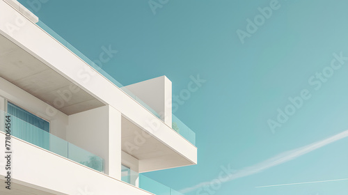 White modern building with balcony against blue sky