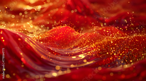 3D fluid art of sea waves in red color with gold accents