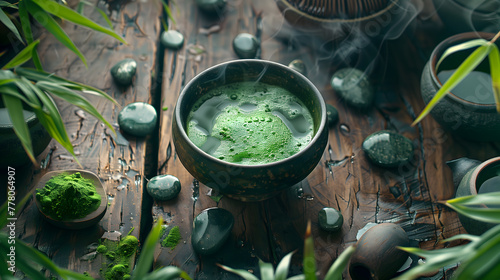 Close-up shot of a matcha tea on a wooden plate with green leaves in the background