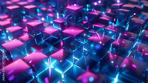 3D rendering of an abstract background with glowing blue and purple cubes. The pattern is formed by overlapping blocks