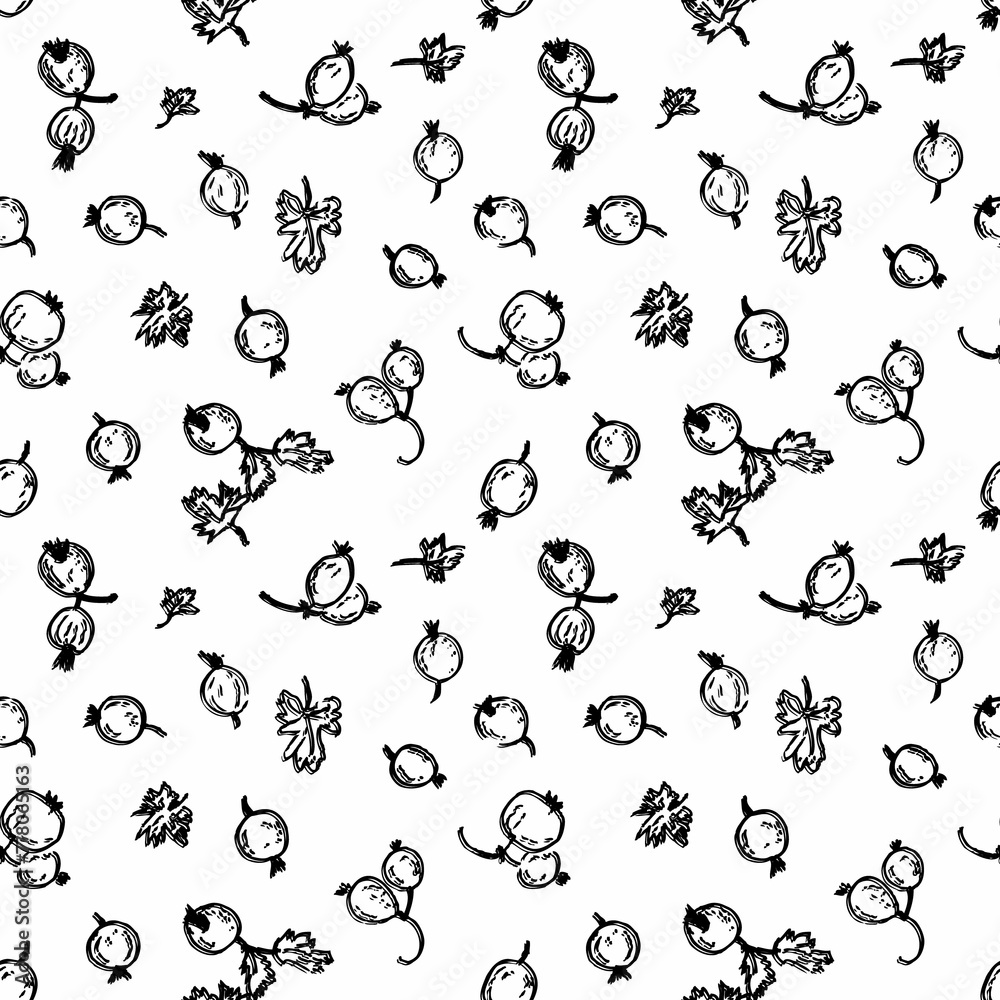 Obraz premium Doodle seamless pattern with monochrome gooseberry berries. Perfect print for tee, paper, textile and fabric. Hand drawn illustration.