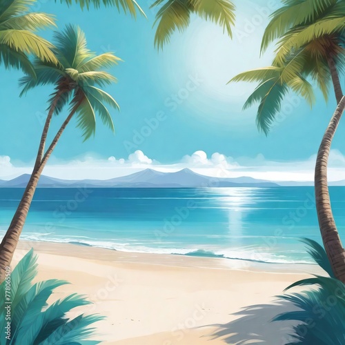 Tropical beach with palm trees and sea in painting style. summer holiday graphics, cheerful happy and festive design. Summer background © Pink Zebra