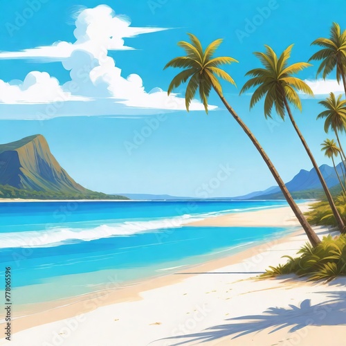 Tropical beach with palm trees and sea in painting style. summer holiday graphics, cheerful happy and festive design. Summer background