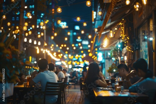 People sit chill out and hang out dinner and listen to music together photo