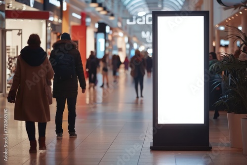 display blank clean screen mockup for offers or advertisement in public area with blured people walking photo