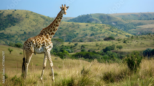 A giraffe standing in the grasslands of South Africa