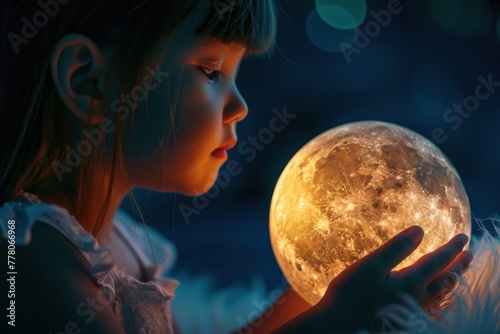 a young girl is captivated by the luminescent orb she holds, magical glow of the moon
