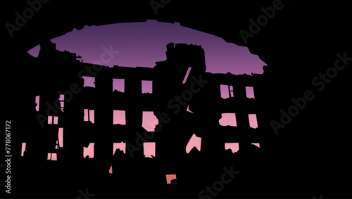 destroyed building after a missile attack, flat color illustration