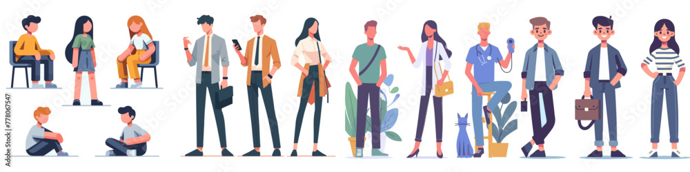 illustration set of characters with different clothes and poses