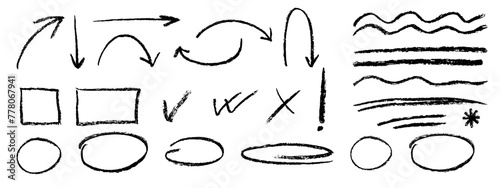 Brush lines different forms and check marks. Collection of vector grunge brushes. Vector chalk elements for notes, highlighting and underlining in text.