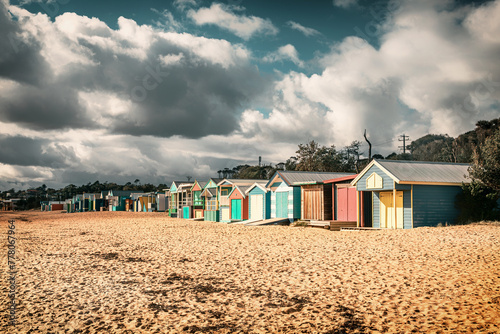 The view of the colorful bathing boxes on the beach in Mornington Peninsula in Melbourne photo