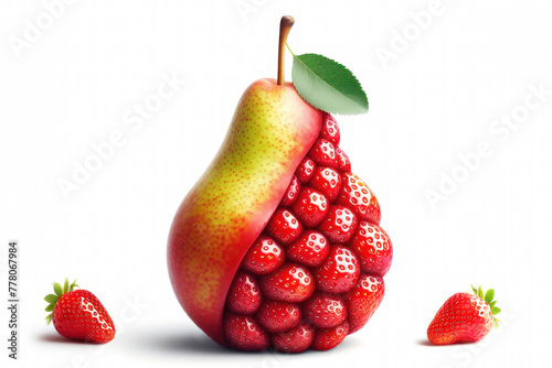 Vitamin fruit concept on white background. A unique fruit consisting of pear and strawberry. Unusual fruit with pear and strawberry flavour. Multifruit juice concept on white background