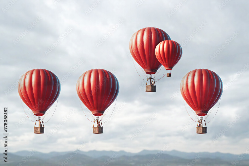 Fototapeta premium Competitive edge and business advantage concept as a group of hot air balloons racing to the top but an individual leader with a small hot air balloon surging ahead