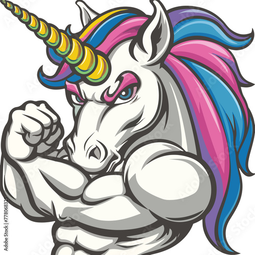 Strong angry unicorn mascot flexing its arm